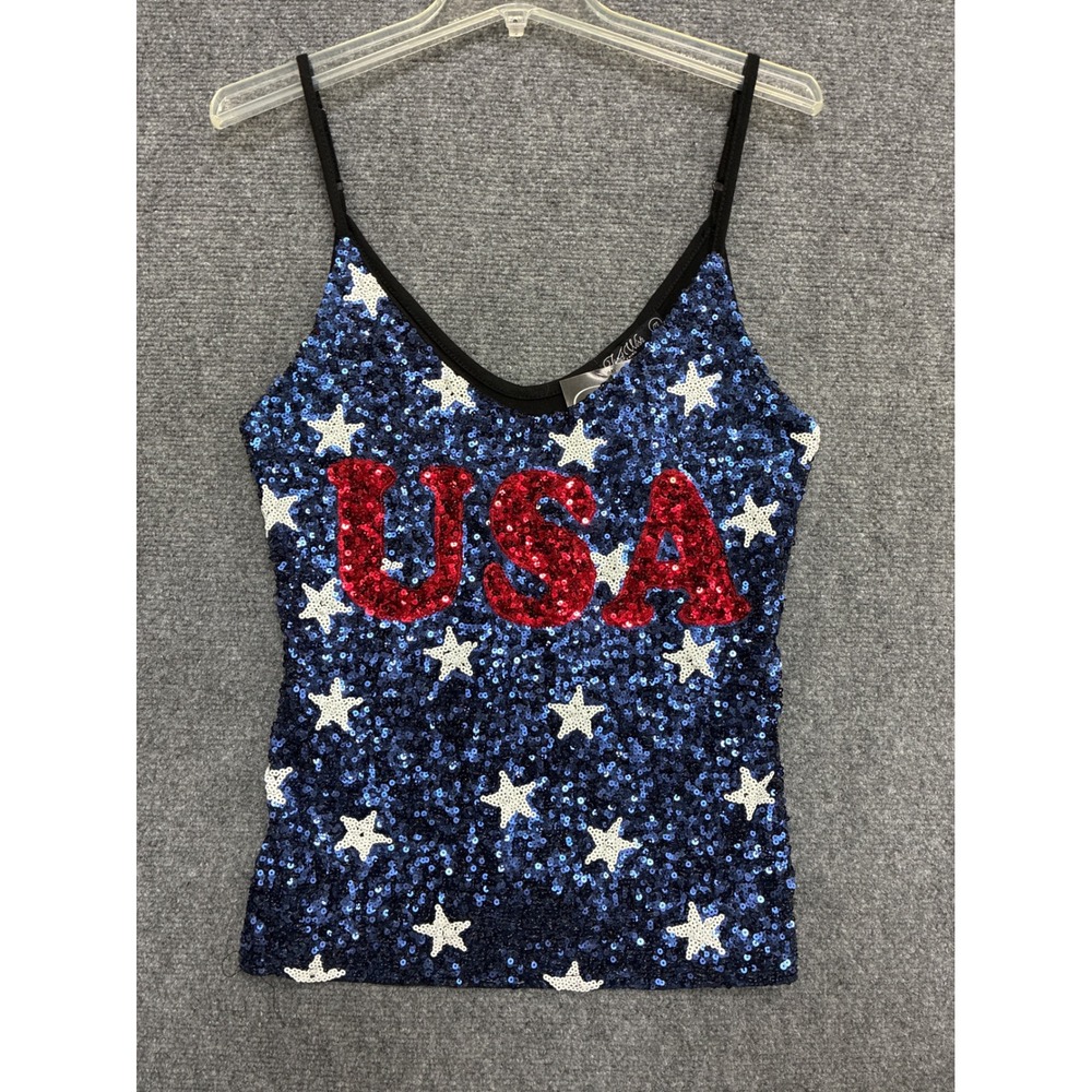 Third Wish USA Sequin Star Patriotic Camisole Tank Top Blue Red White Womens M